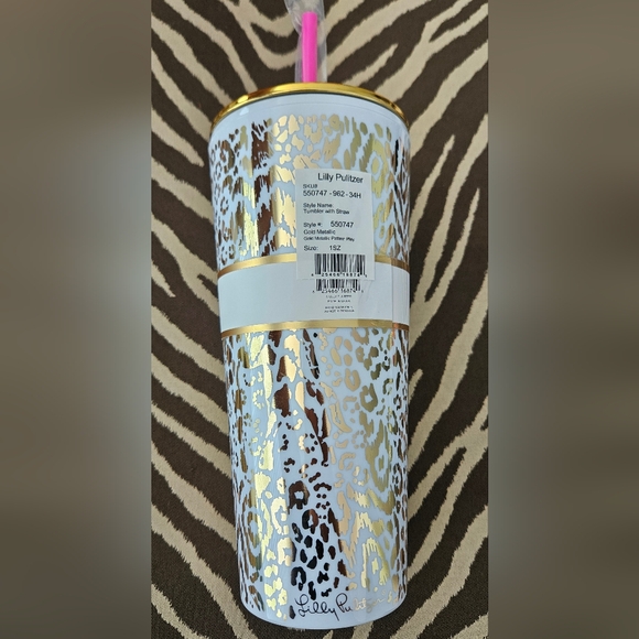 Lilly Pulitzer Tumbler With Straw in Gold Metallic Pattern Play NWT - Picture 3 of 5